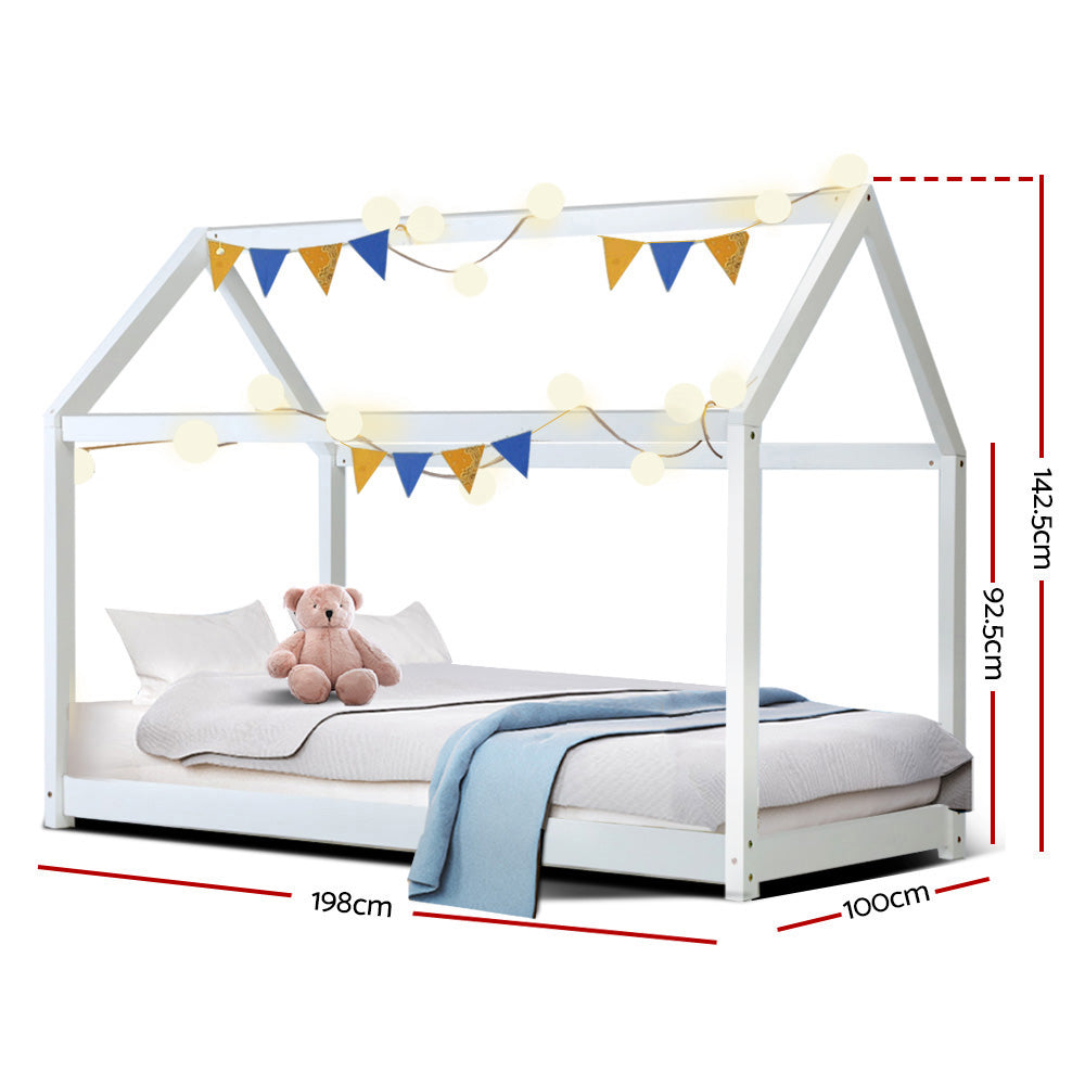 Kids house single bed frame in white