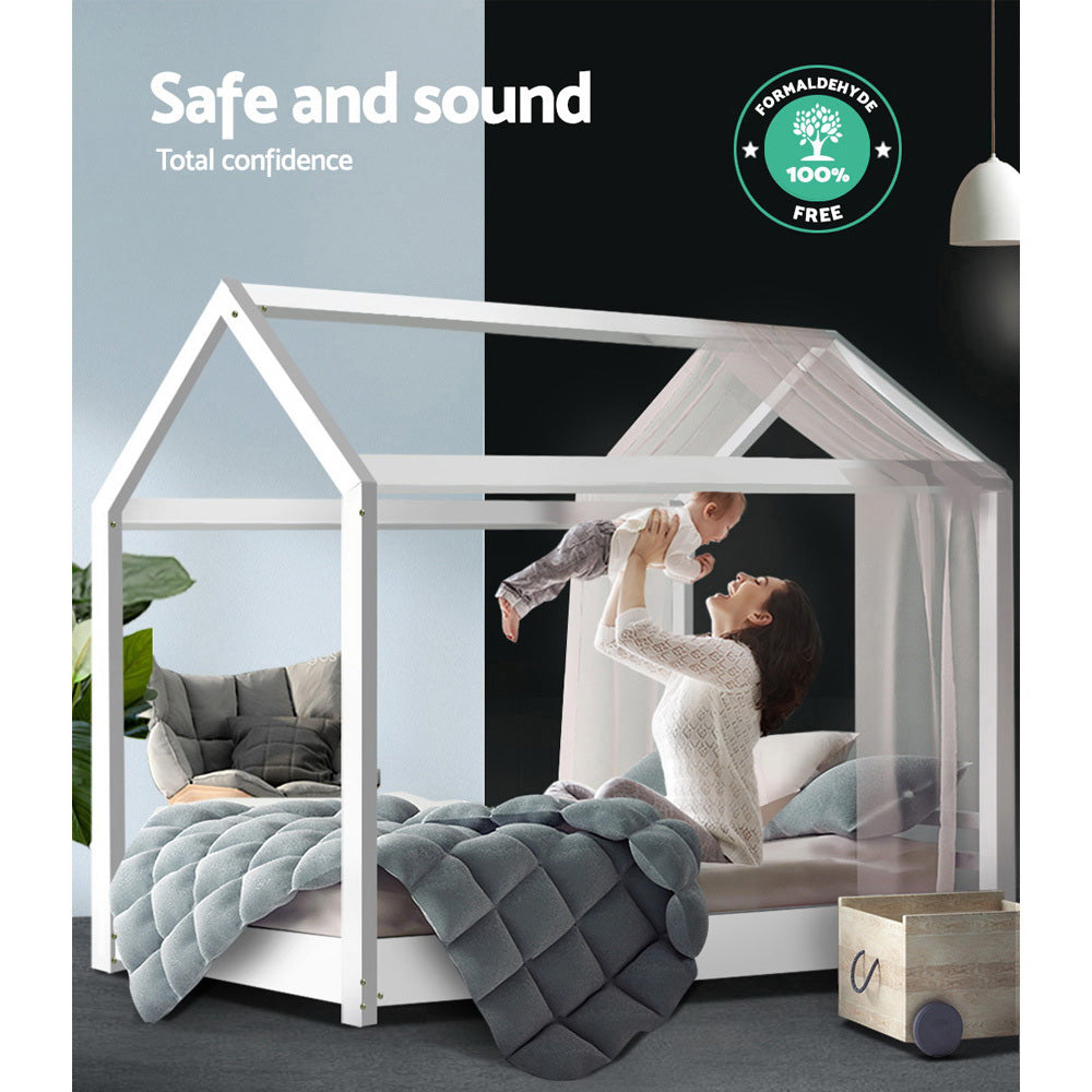 Kids house single bed frame in white