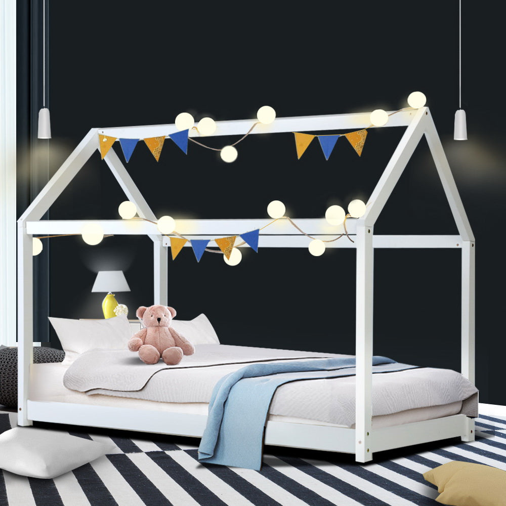 Kids house single bed frame in white