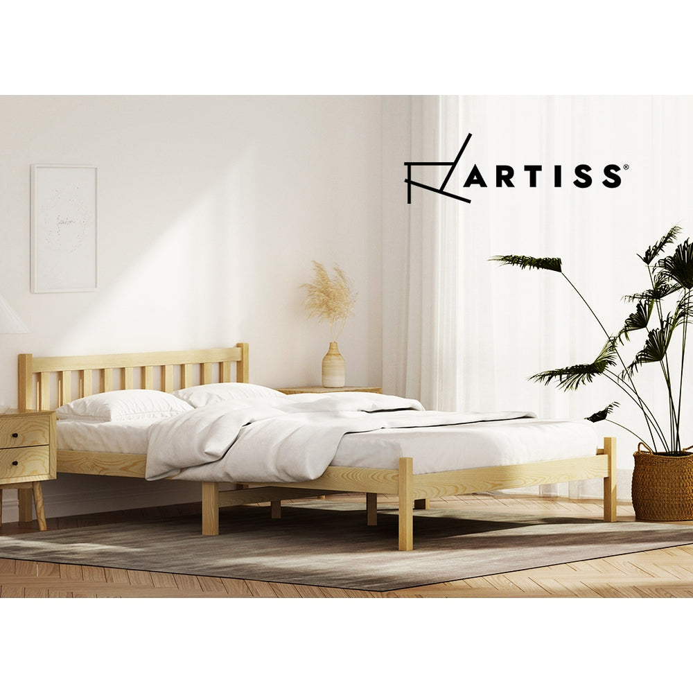 Artiss SOFIE oak solid pine double bed frame showing Australian mattress fit — Allure Home Collections