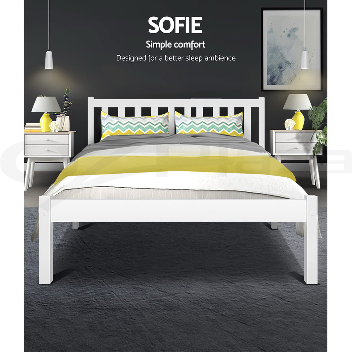 Artiss SOFIE white pine bed frame styled in contemporary bedroom — Allure Home Collections