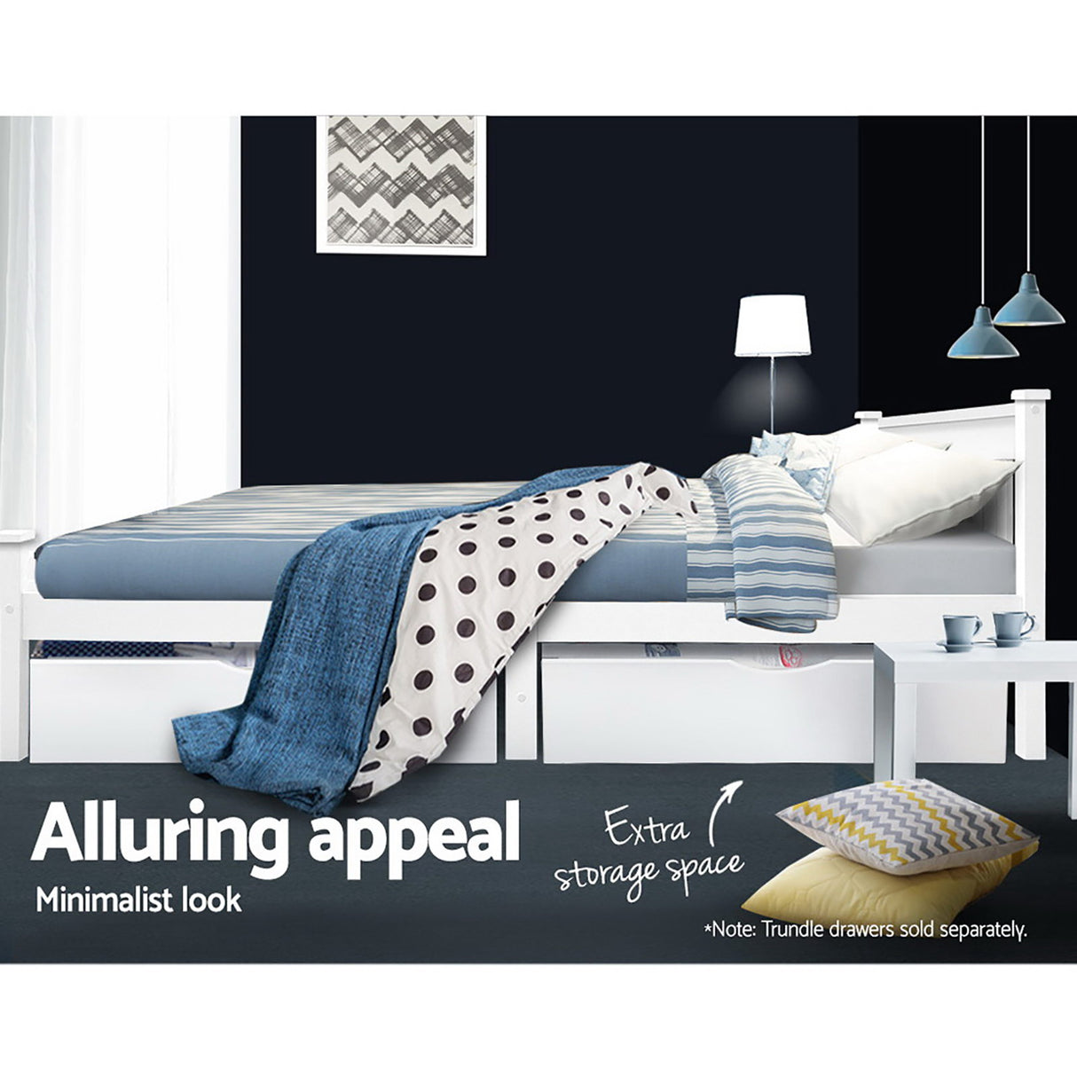 Artiss RIO double white pine bed frame showing 204 x 149 x 94cm proportions — Allure Home Collections