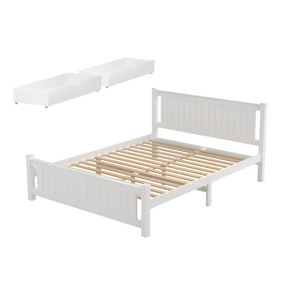 Artiss RIO double white pine platform bed frame with 2 storage drawers — full view — Allure Home Collections