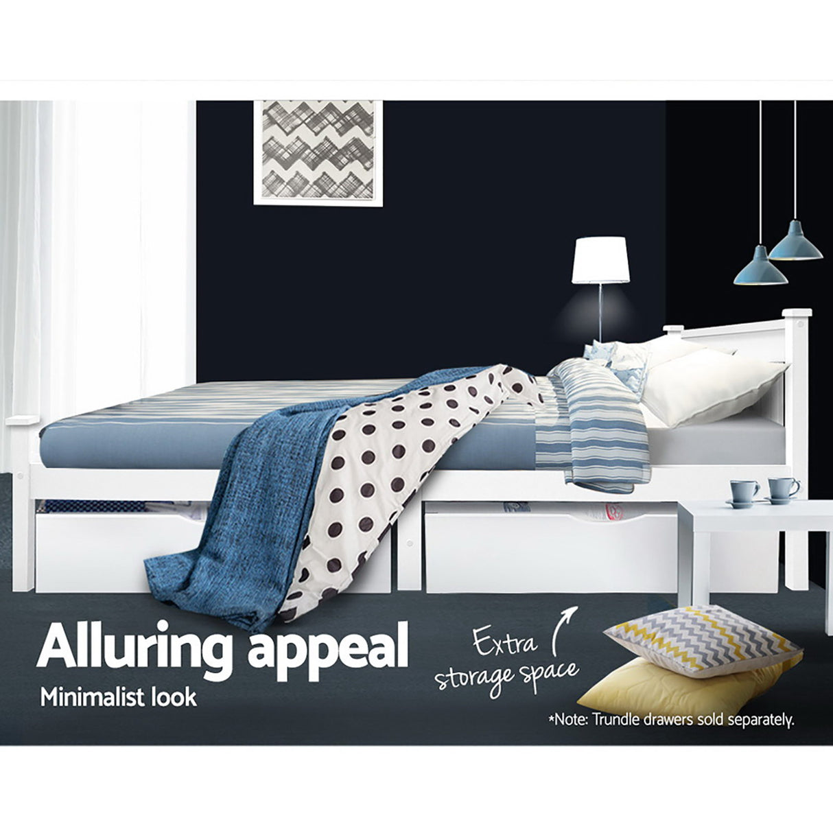 Artiss RIO white solid pine queen bed frame showing underbed clearance — Allure Home Collections