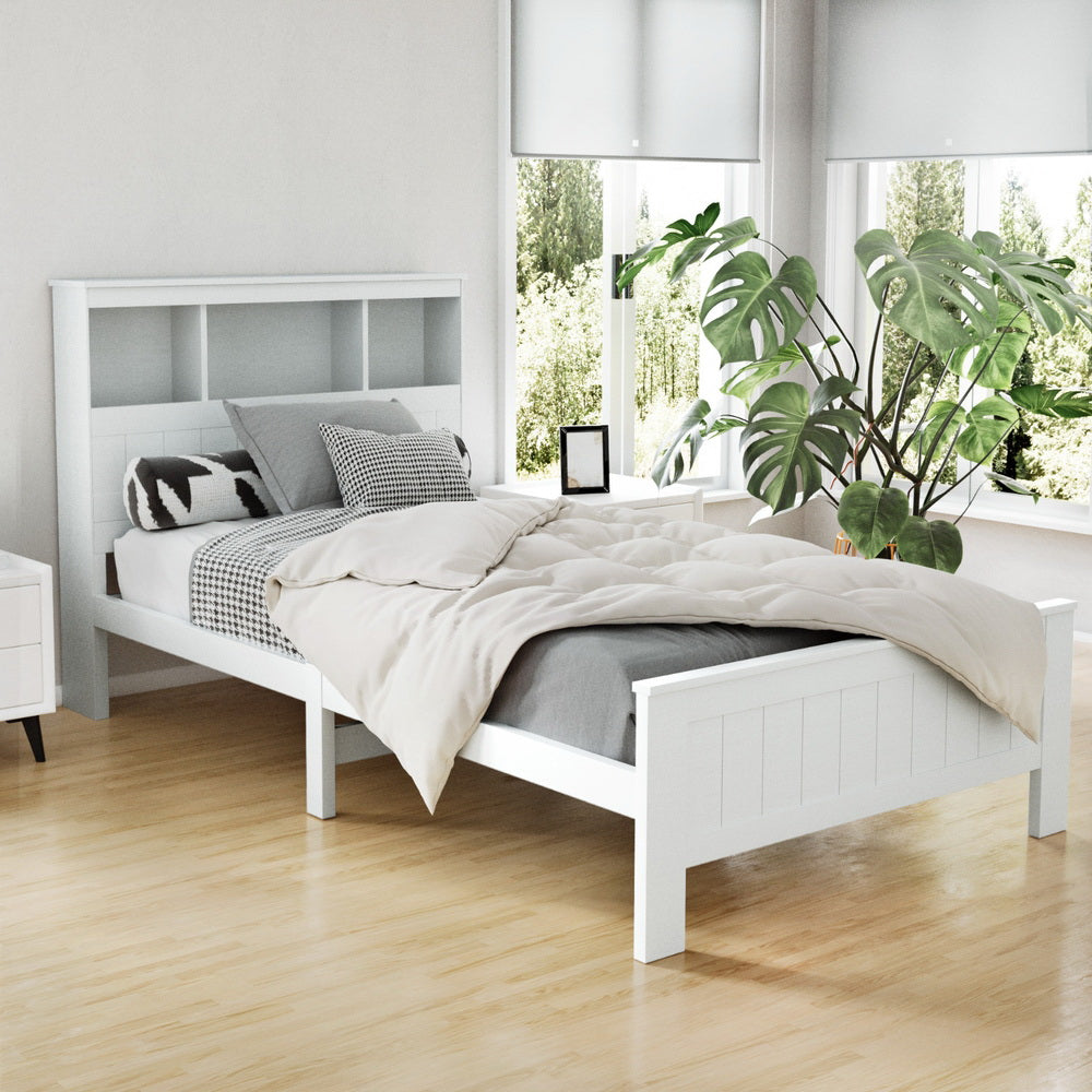 Artiss white king single 3-shelf bed frame showing 23cm clearance — Allure Home Collections