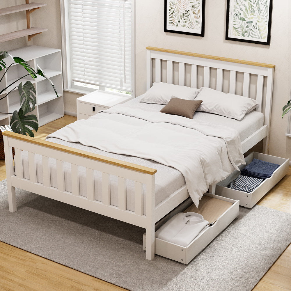 Artiss PONY double platform bed frame in white pine with 2 storage drawers — Allure Home Collections