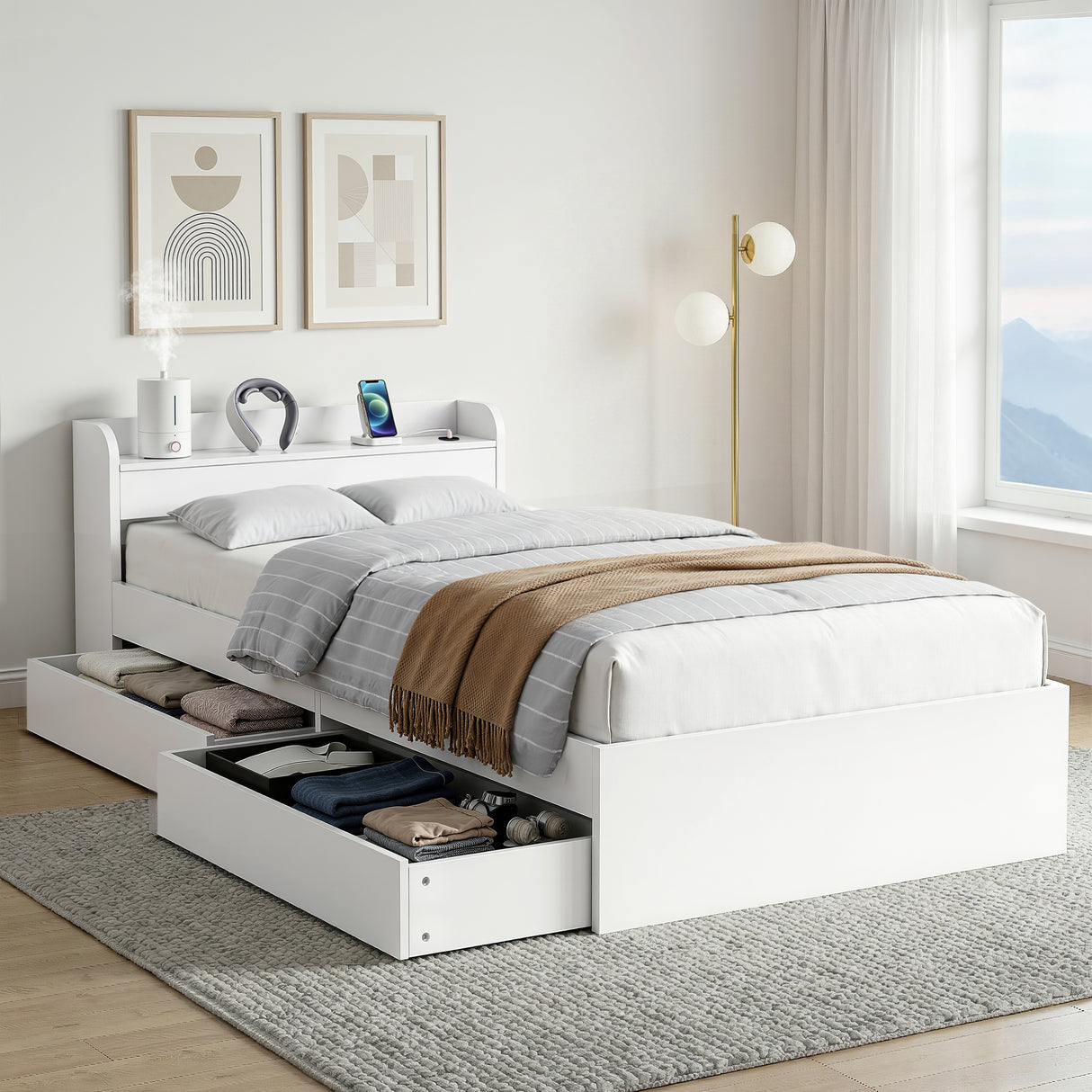Portsea King Single Bed with Charging, White