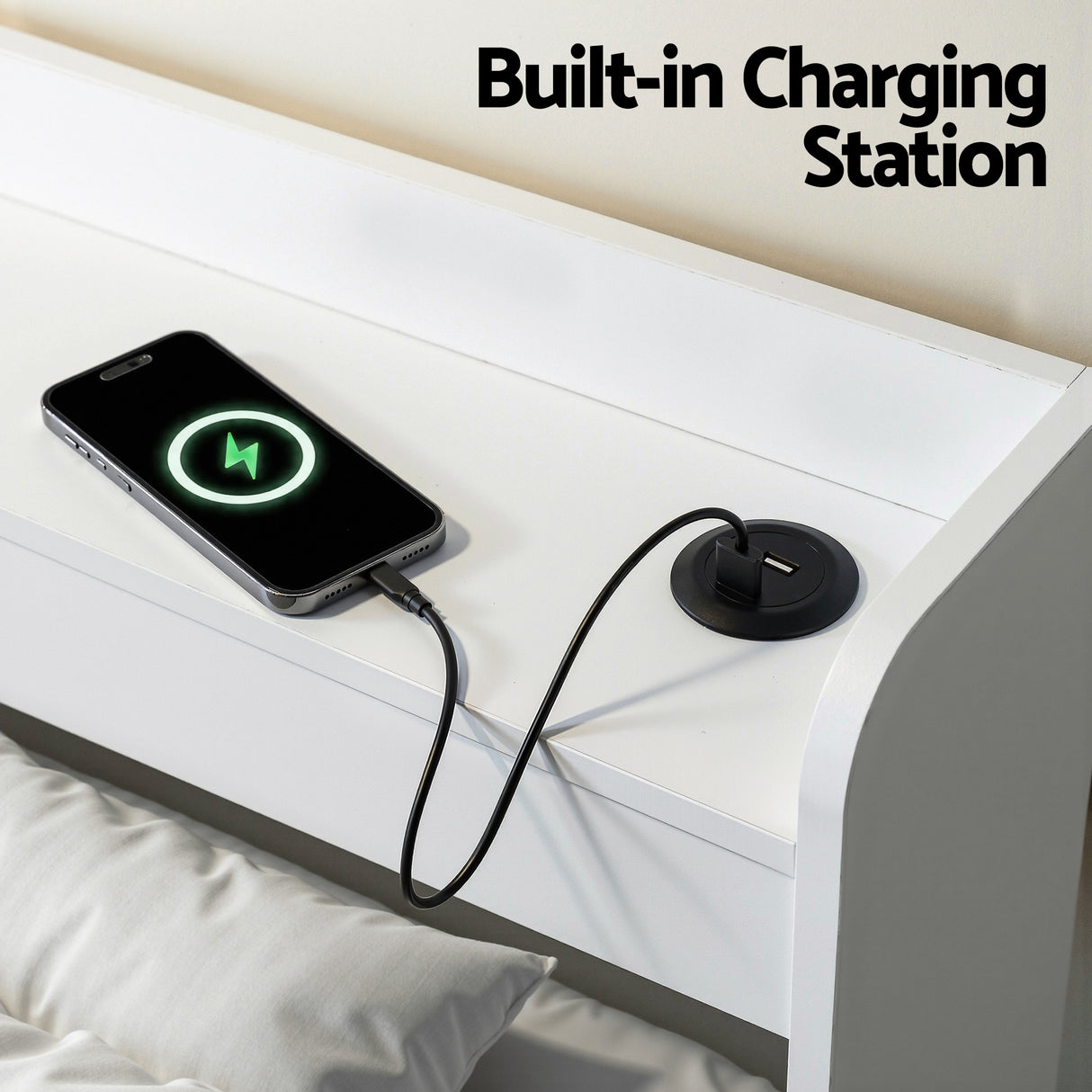 Portsea King Single Bed with Charging, White, view 5