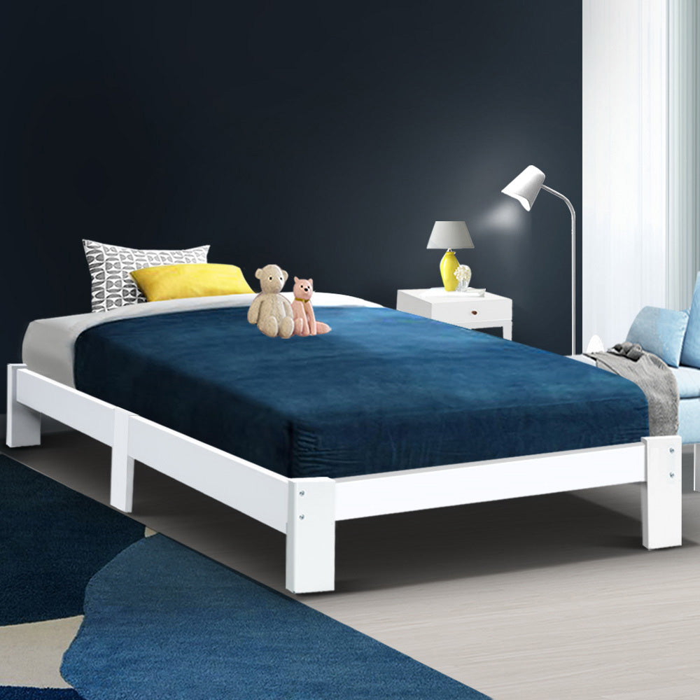Artiss JADE single white pine bed frame showing 197 x 98 x 30cm proportions — Allure Home Collections