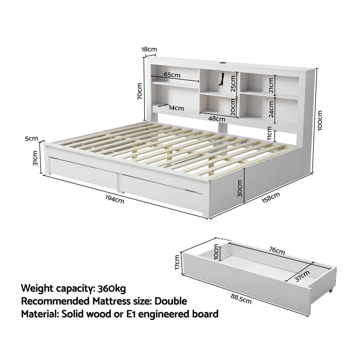 Byron Farmhouse Double Bed with Storage, White, view 7