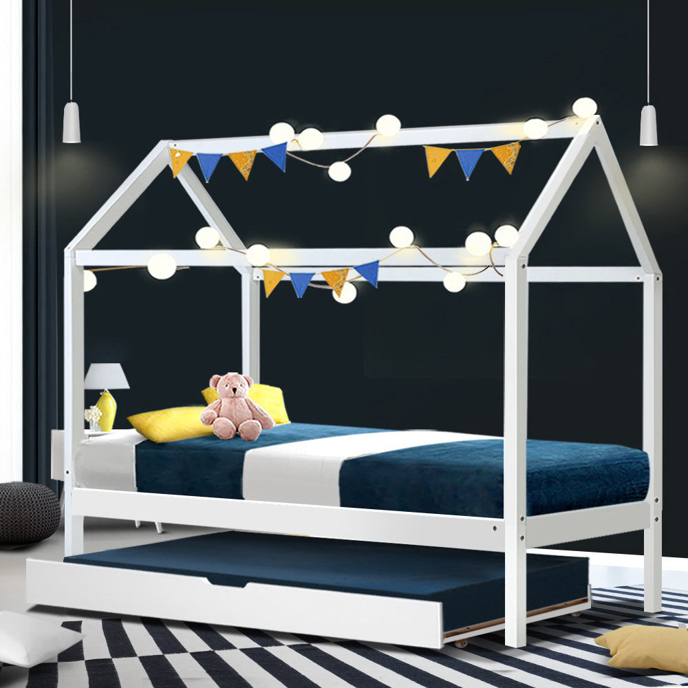 Kids house trundle daybed frame in white
