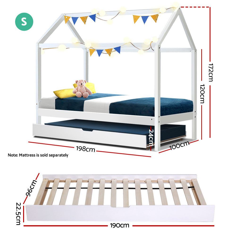 Kids house trundle daybed frame in white