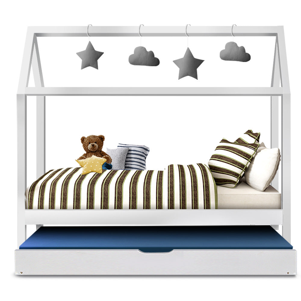 Kids house trundle daybed frame in white
