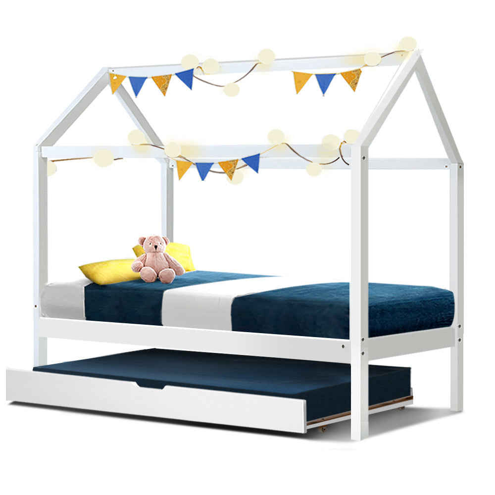 Kids house trundle daybed frame in white