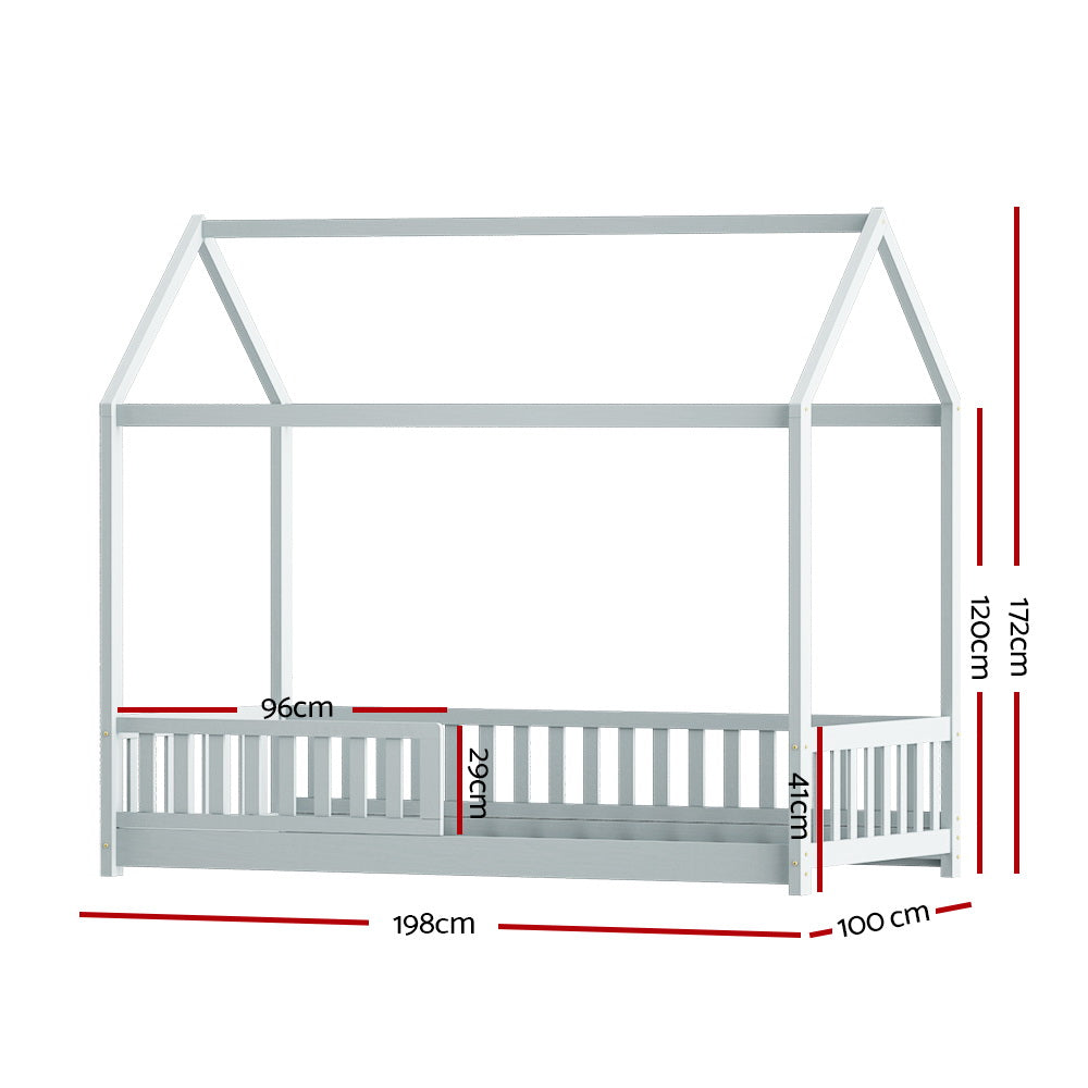 Kids house single bed frame in light grey