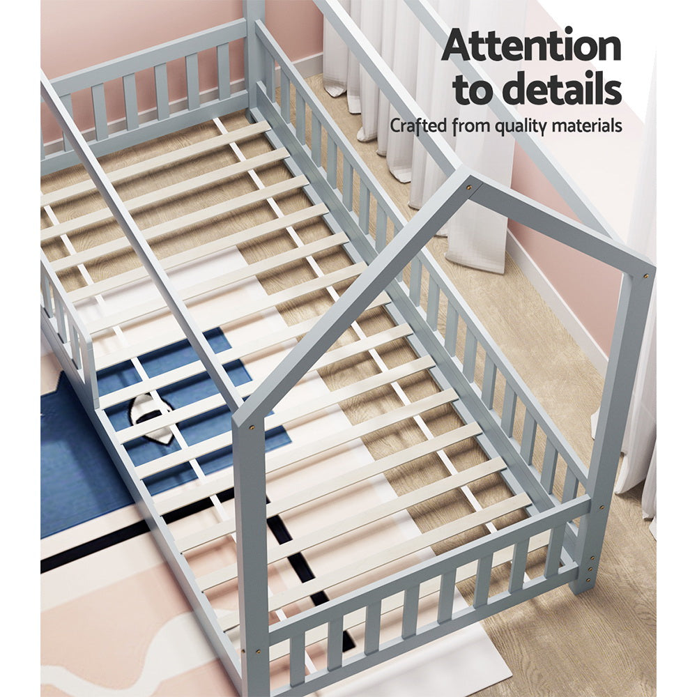 Kids house single bed frame in light grey