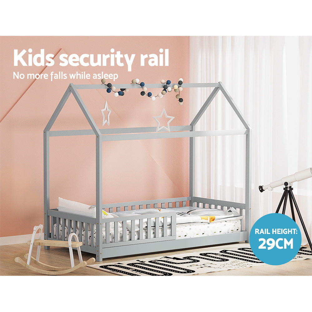 Kids house single bed frame in light grey