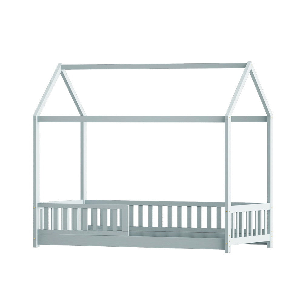 Kids house single bed frame in light grey