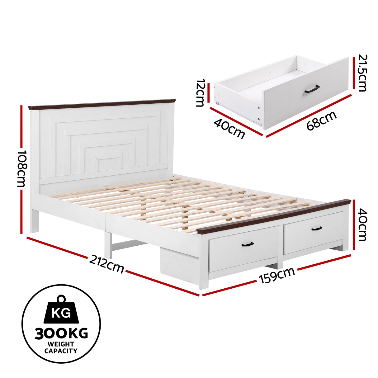 Belmont Queen Wooden Bed with Drawers, White, view 2