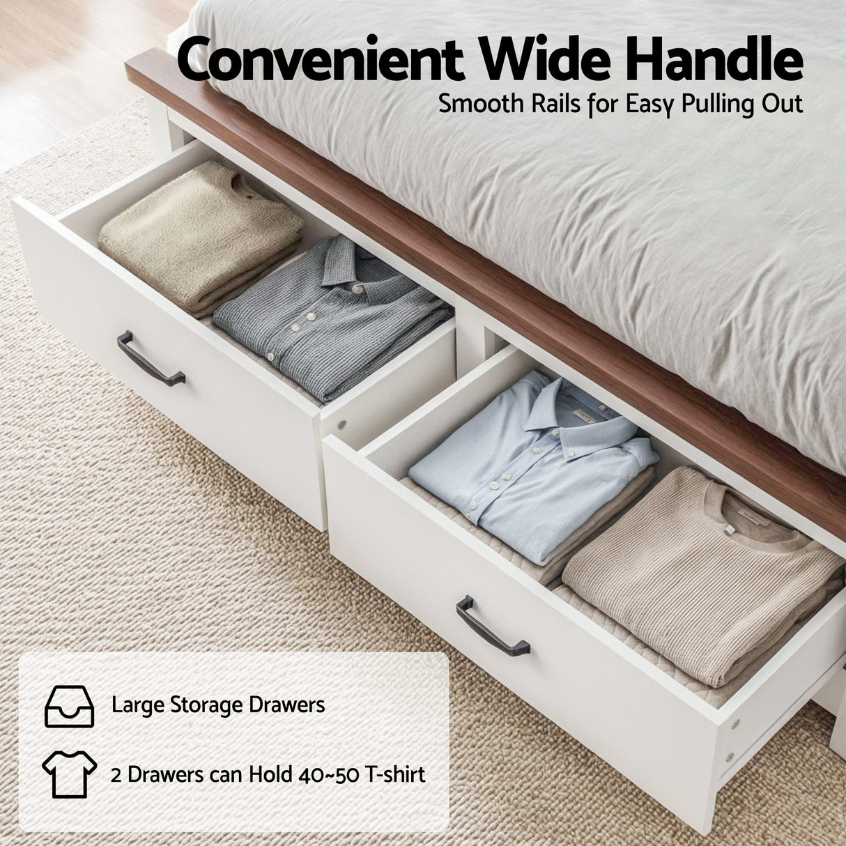 Belmont Queen Wooden Bed with Drawers, White, view 6