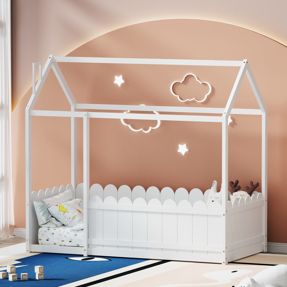 Kids house single bed frame in white