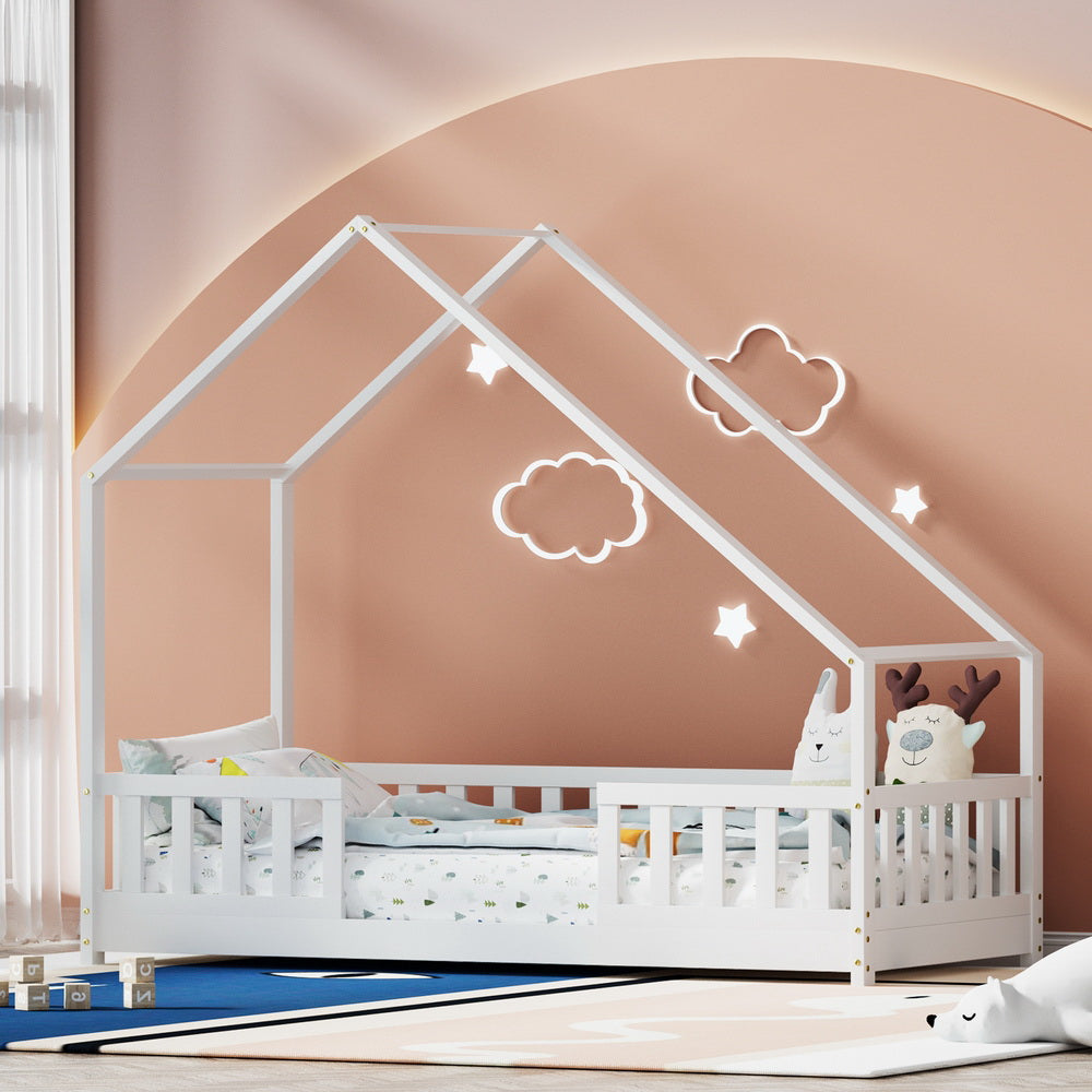 Kids house single bed frame in white