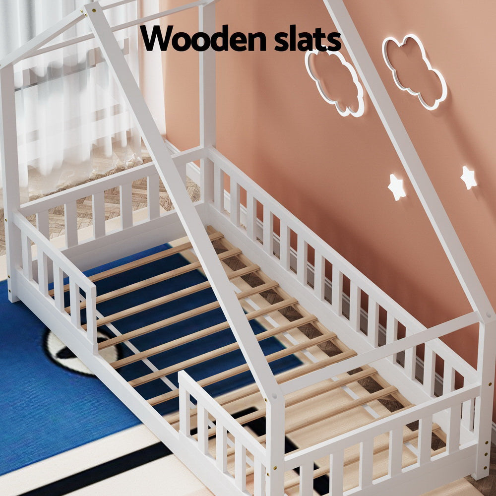 Kids house single bed frame in white