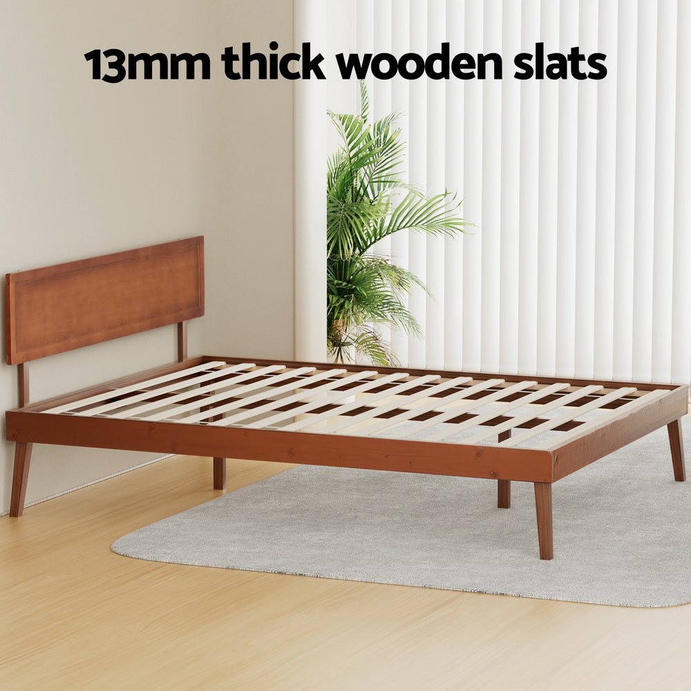 Artiss SPLAY queen walnut pinewood bed frame from foot end — Allure Home Collections