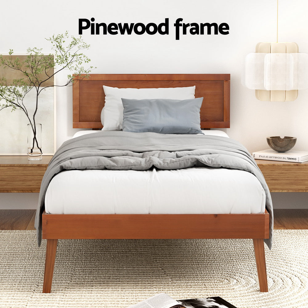 Artiss SPLAY walnut single bed frame styled in bedroom — Allure Home Collections