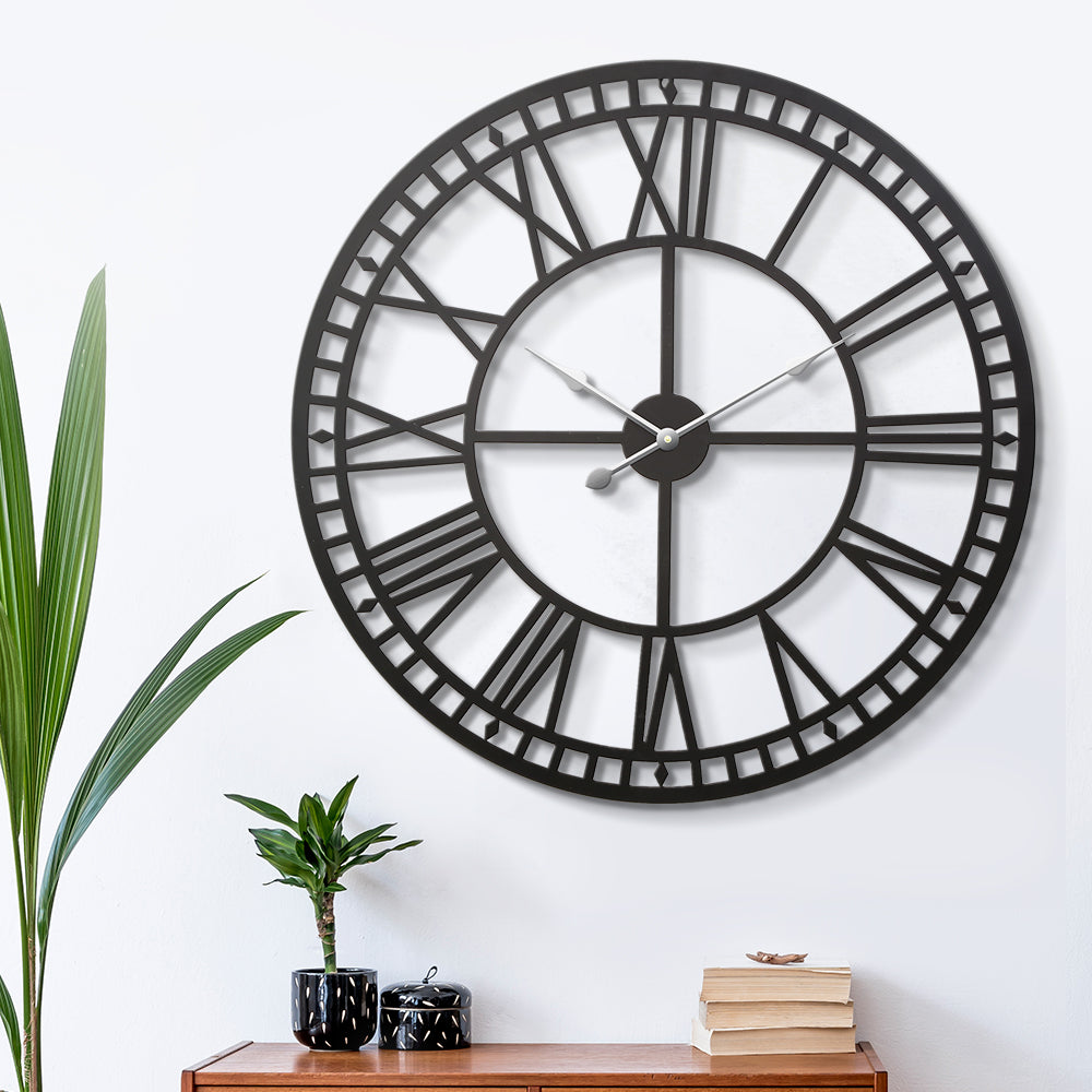 Large metal vintage wall clock 80cm black frame detail