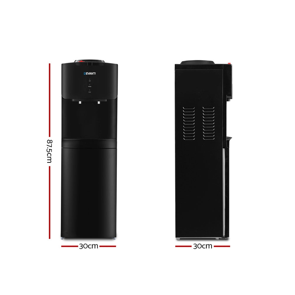 Front view of black top loading water cooler with LED indicators and push button taps