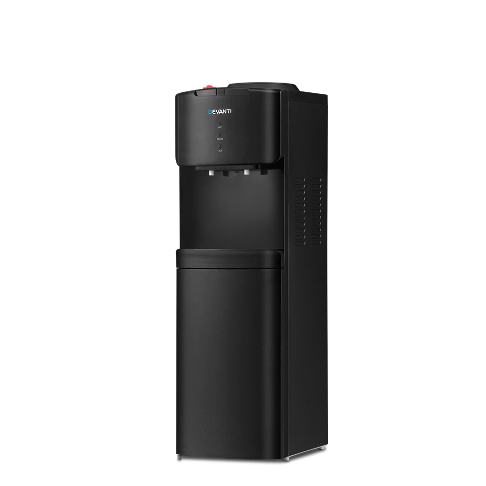 Close up of hot and cold water spouts and child lock on black water cooler