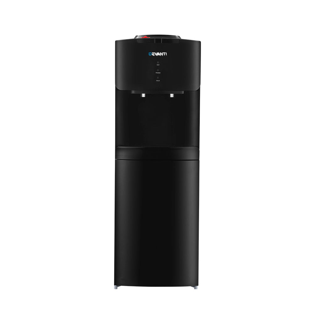Side view of black water cooler dispenser measuring 30 x 30 x 87.5 cm