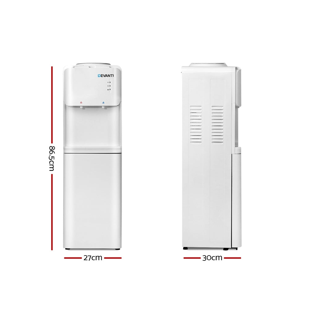 Front view of white top loading water cooler with LED indicators and push button taps