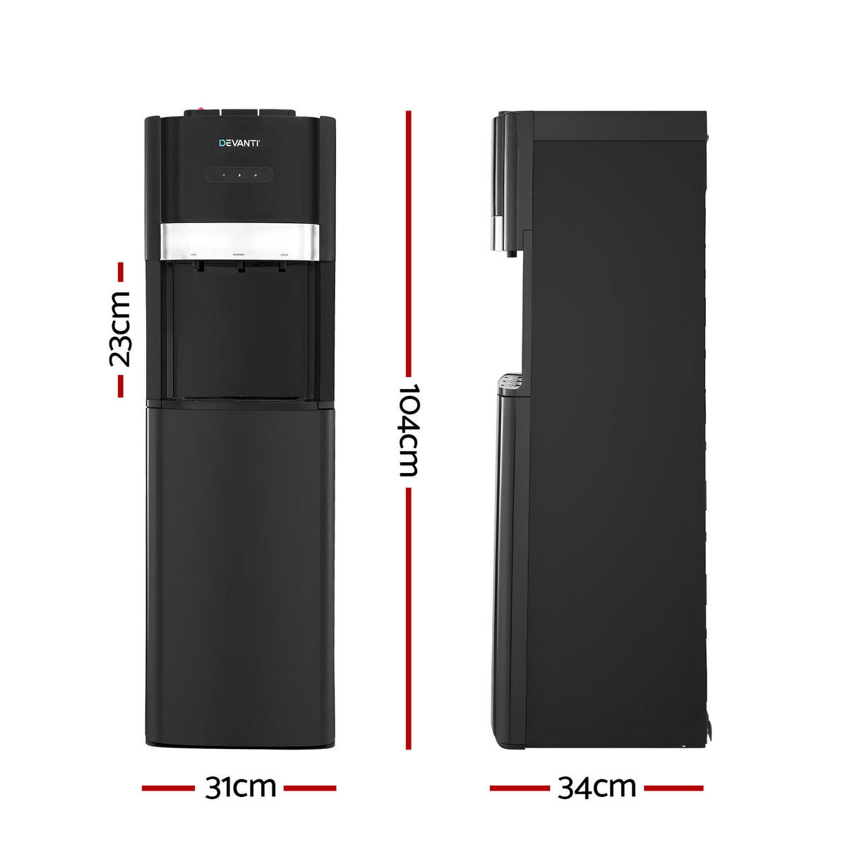 Three tap water cooler dispenser shown at an angle in black