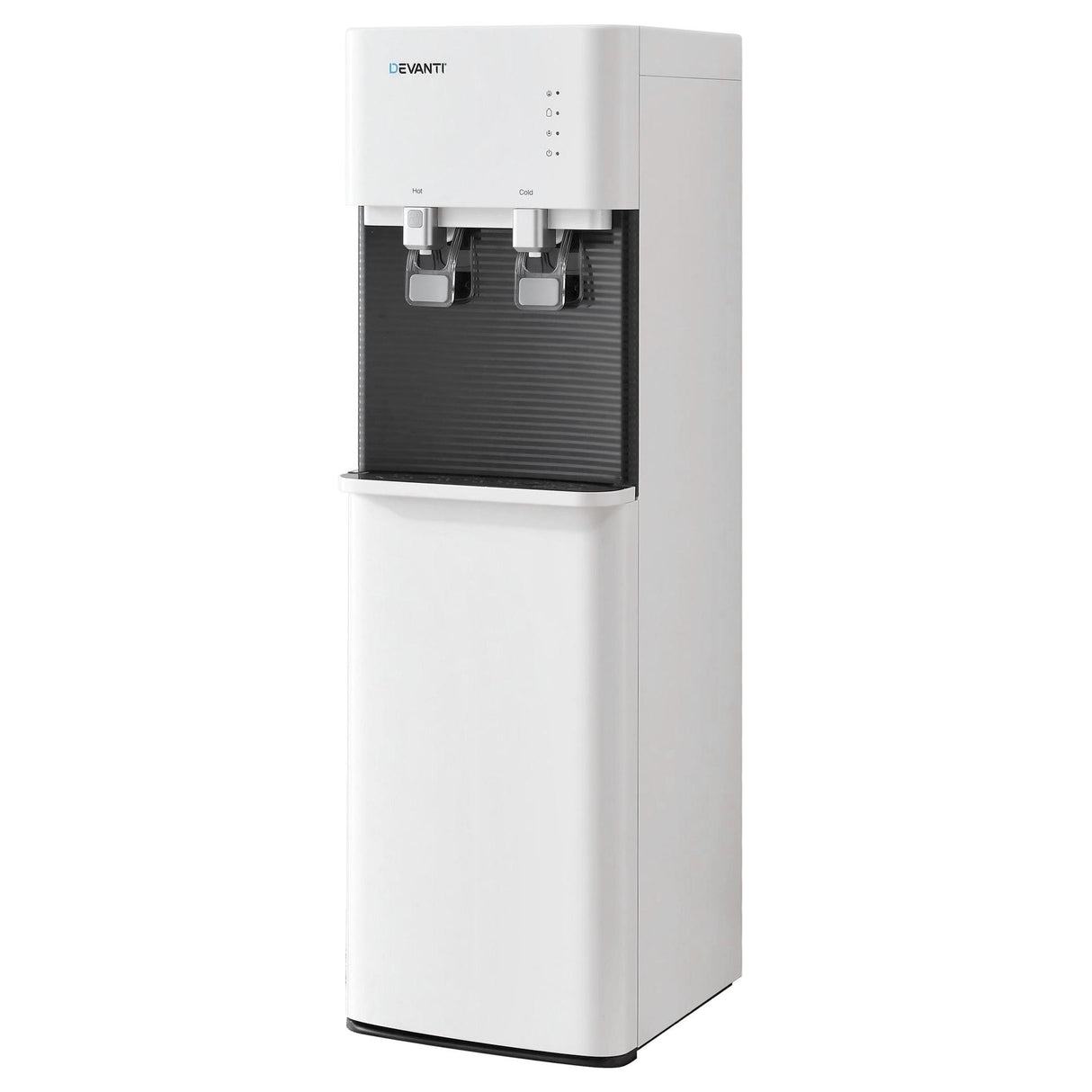 White bottom loading water cooler dispenser with two taps, front view