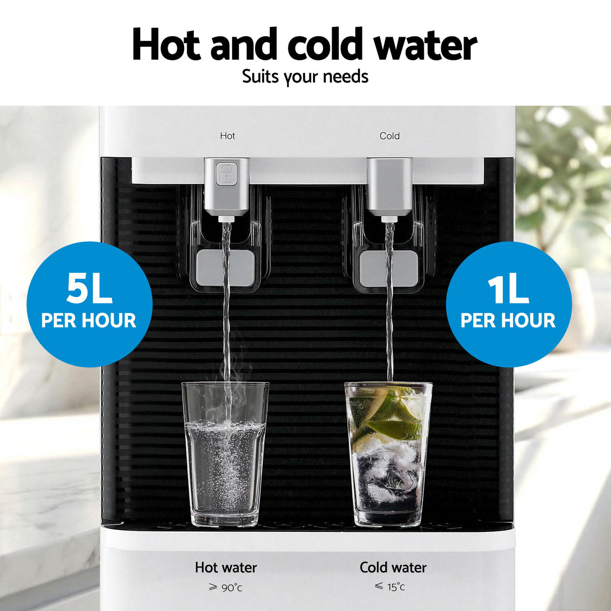 White water dispenser standing in a kitchen setting