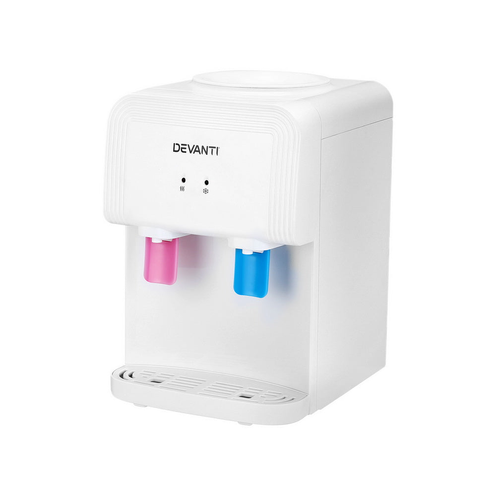 White bench top water cooler dispenser shown on a kitchen bench with a glass of water