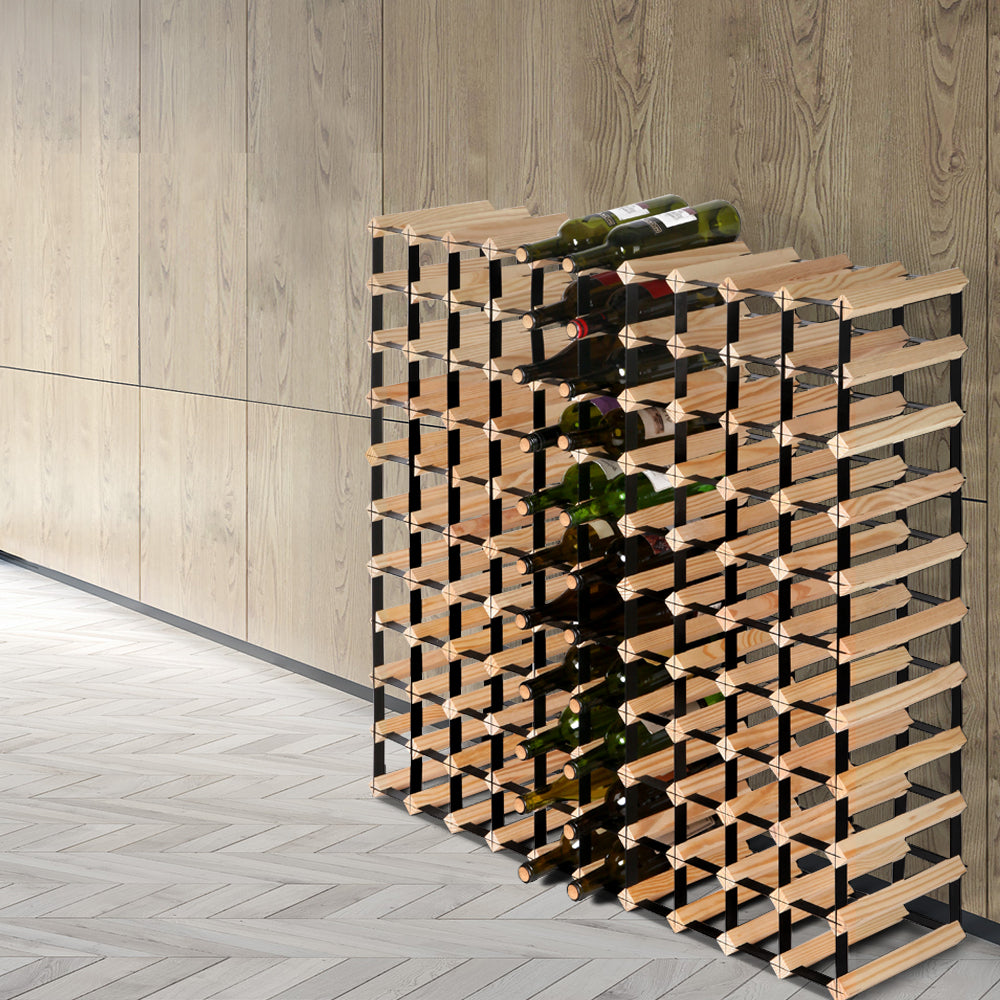 Natural timber and steel wine rack holding 110 bottles