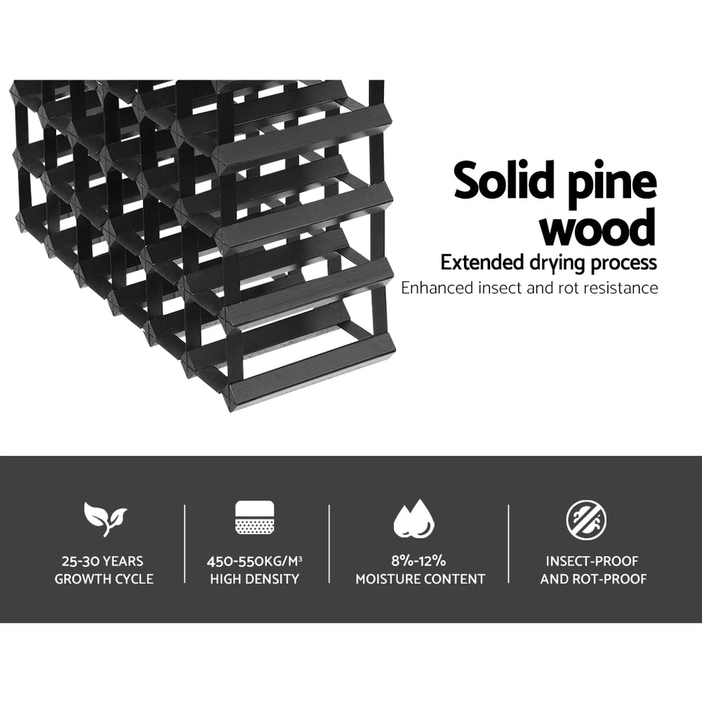 Black timber and steel wine rack holding 42 bottles