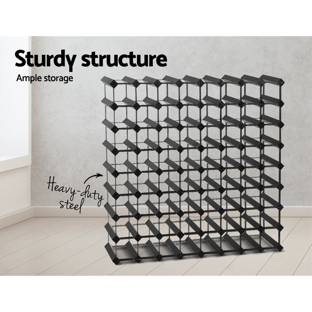 Black timber and steel wine rack holding 72 bottles