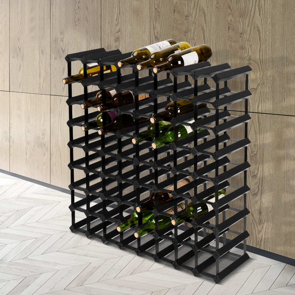 Black timber and steel wine rack holding 72 bottles