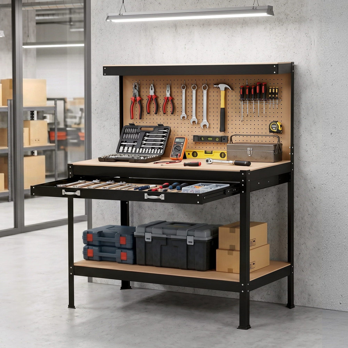 Steel garage workbench with pegboard and tool hooks in black