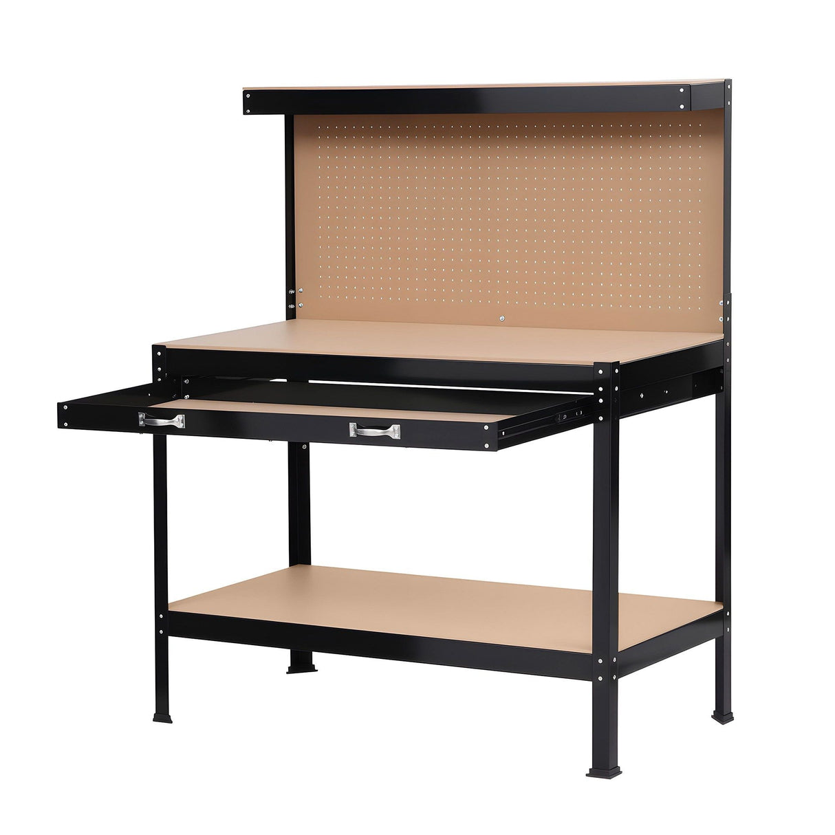 Steel garage workbench with pegboard and tool hooks in black