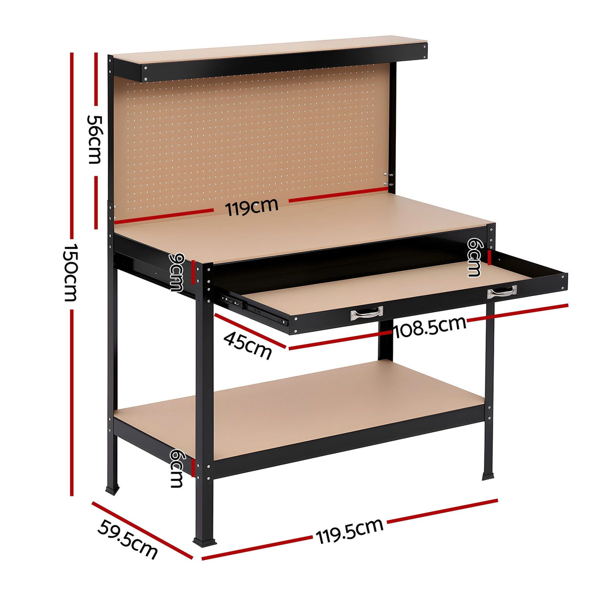Steel garage workbench with pegboard and tool hooks in black