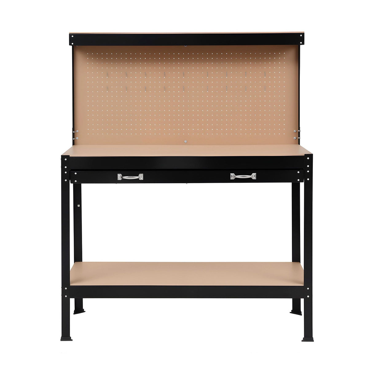 Steel garage workbench with pegboard and tool hooks in black