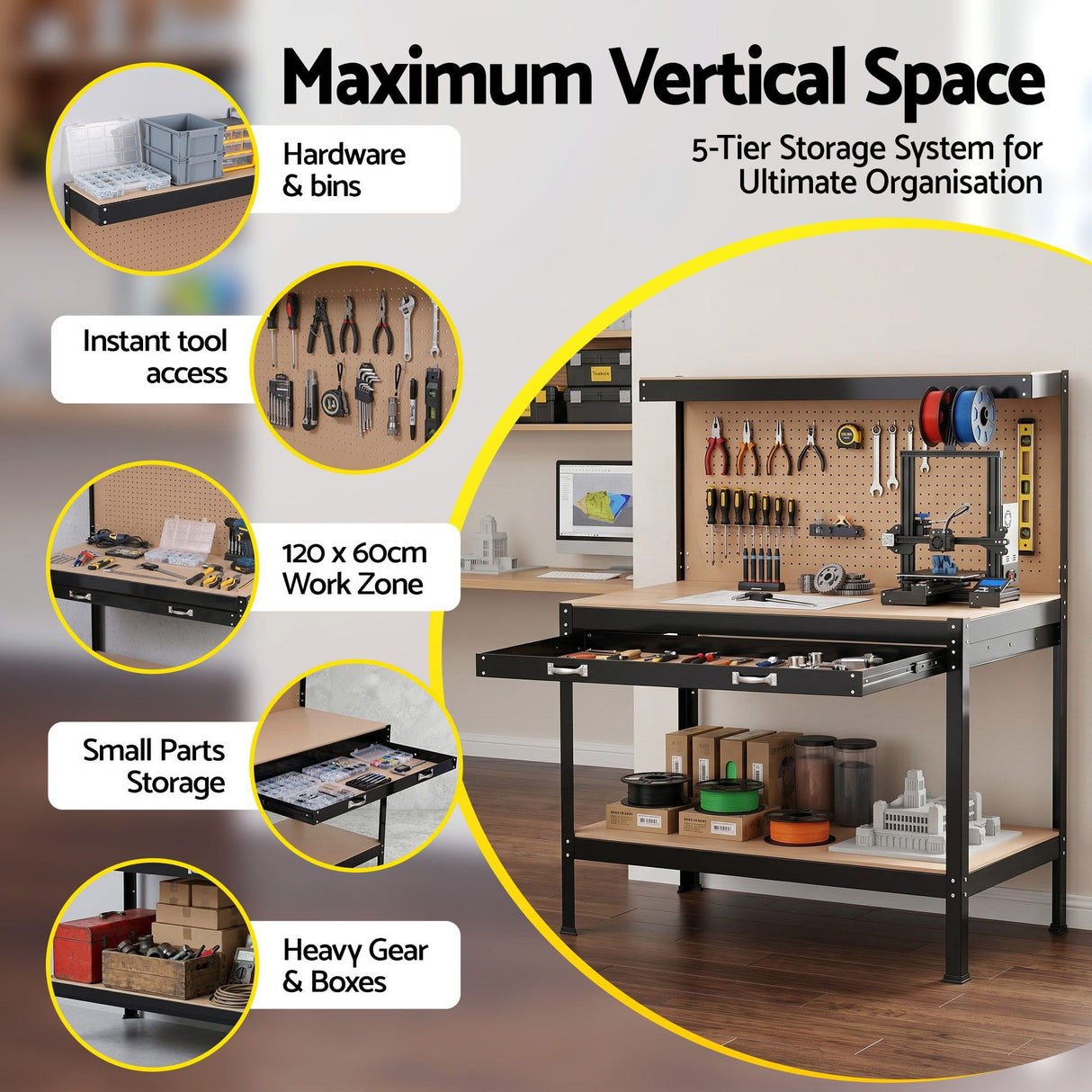 Steel garage workbench with pegboard and tool hooks in black