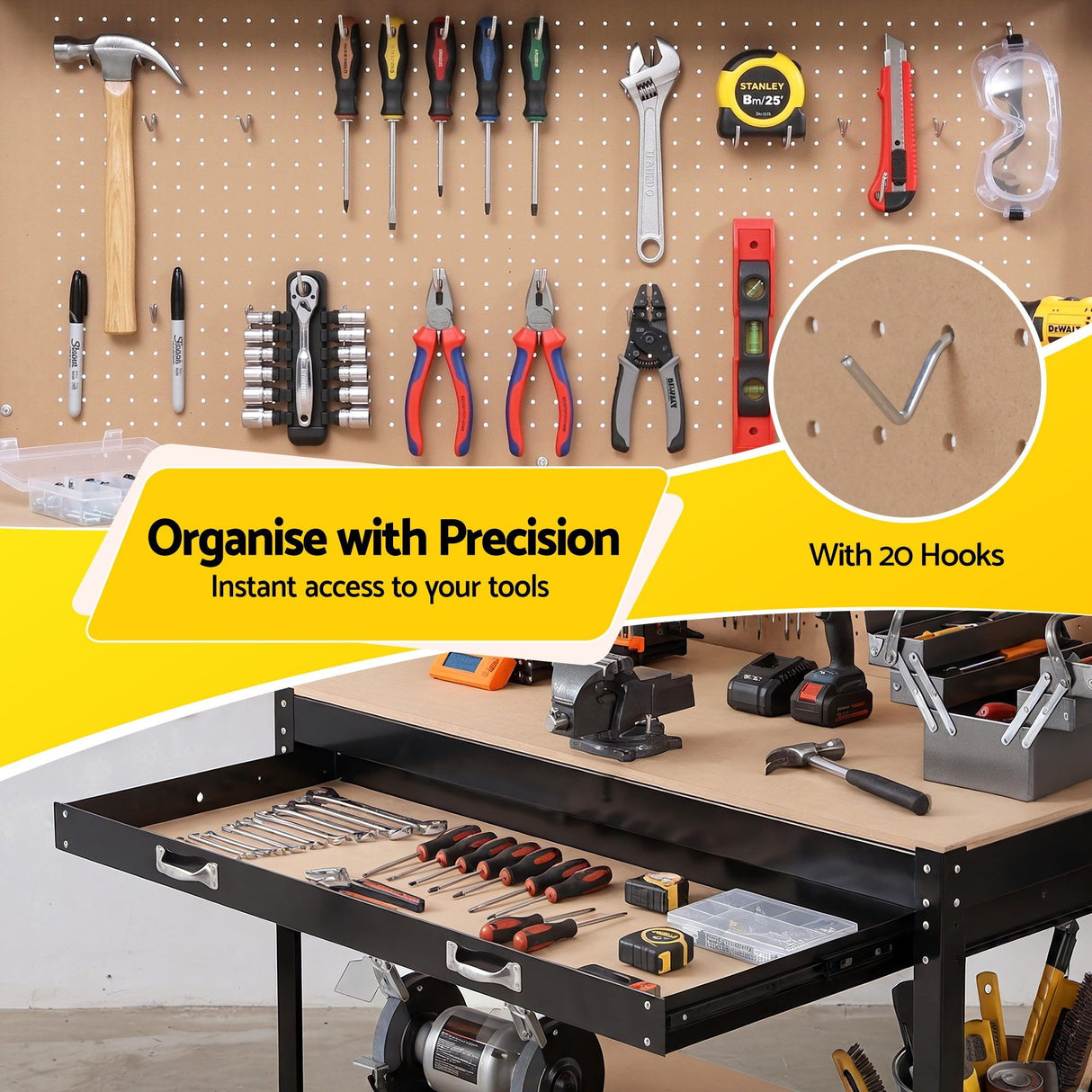 Steel garage workbench with pegboard and tool hooks in black