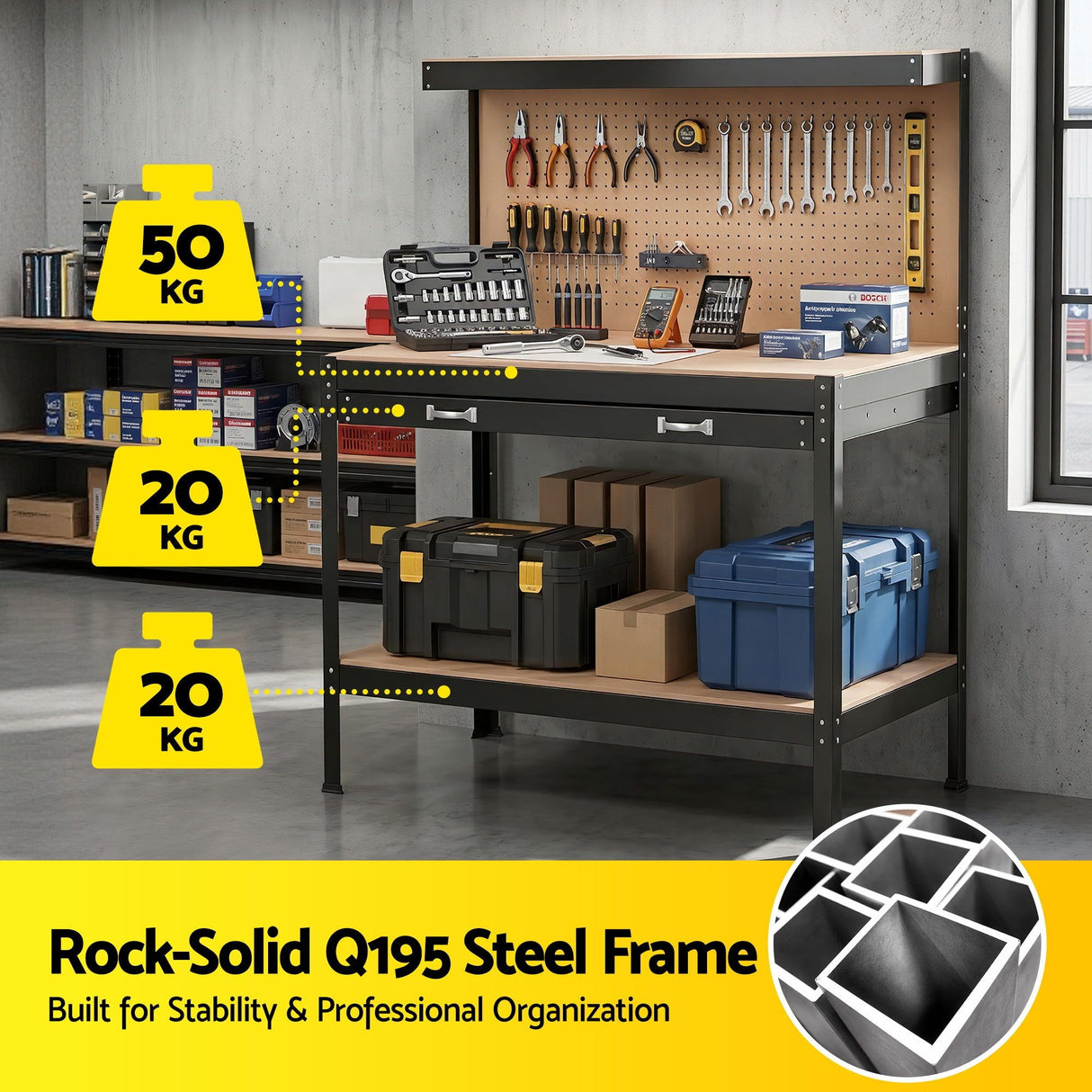 Steel garage workbench with pegboard and tool hooks in black