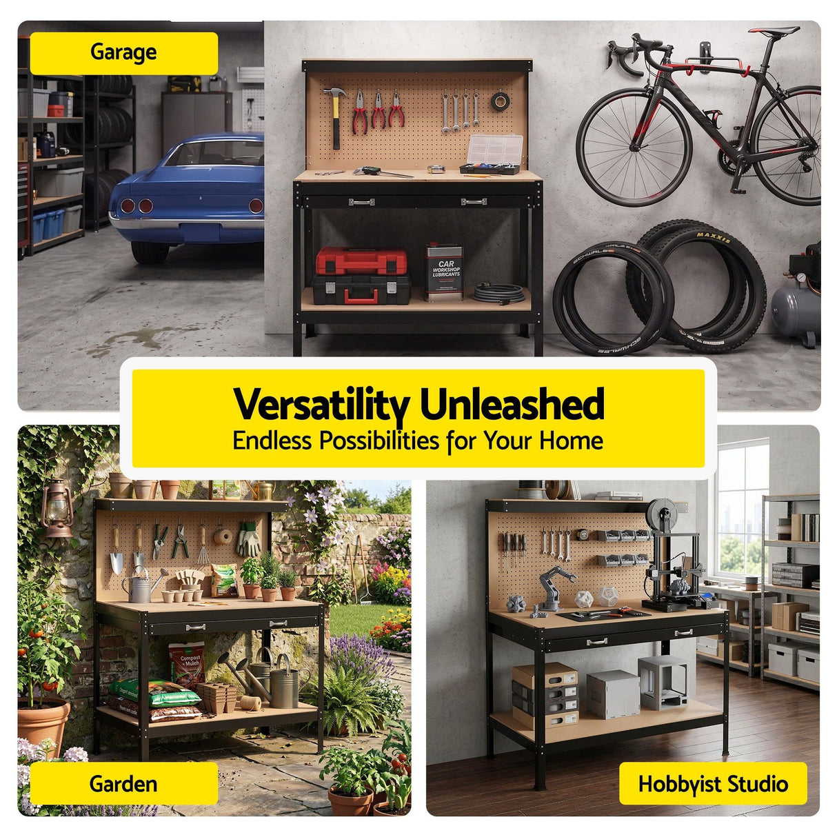 Steel garage workbench with pegboard and tool hooks in black